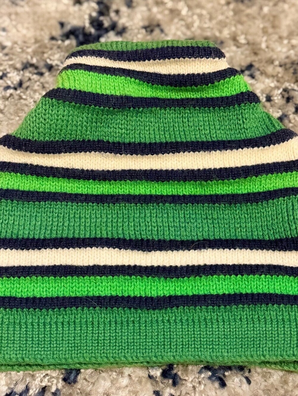 Vintage Wigwam Striped Knit Beanie Green Navy Cream 100% Wool USA